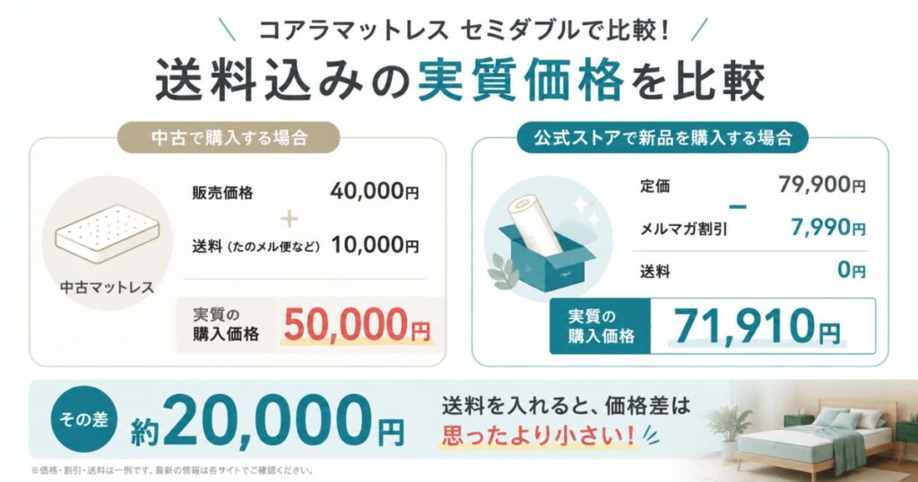 コアラマットレス中古と公式新品の実質価格を送料込みで比較したイメージ