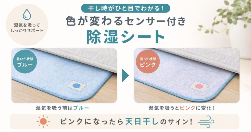 色が変わって干し時を知らせるセンサー付き除湿シート