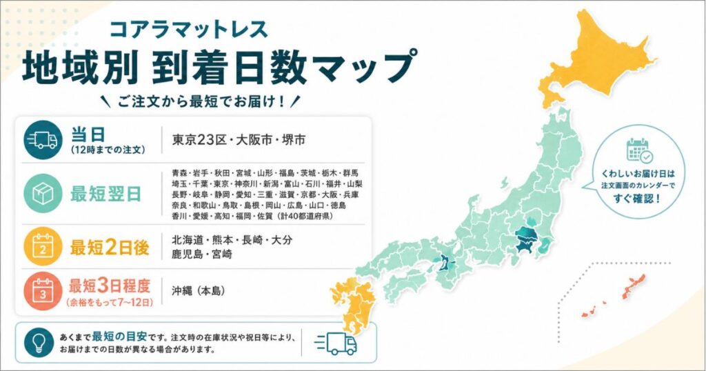 コアラマットレスの地域別到着日数を色分けした日本地図