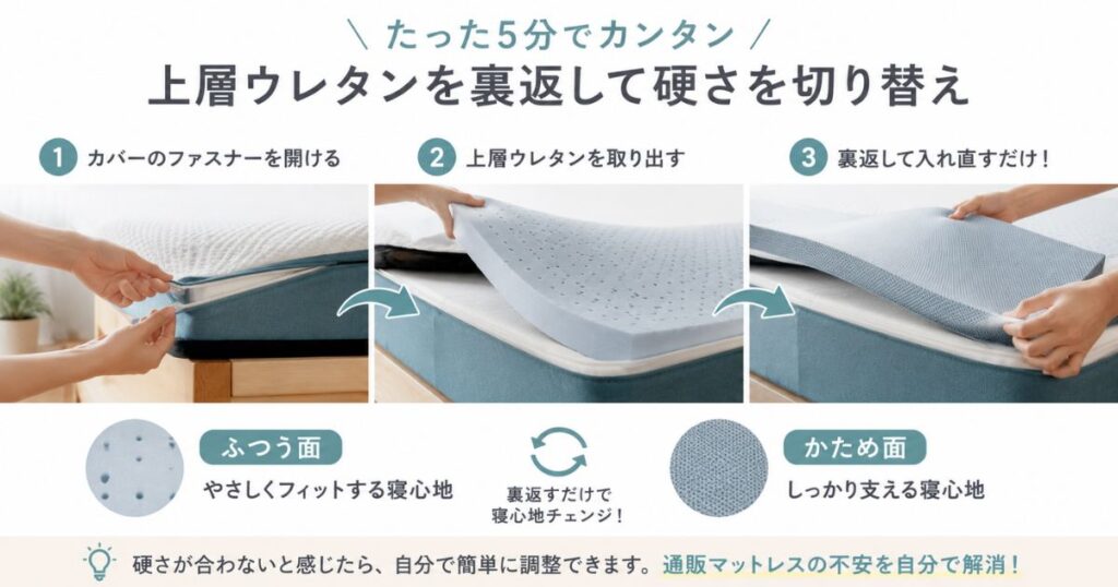 コアラマットレスのカバーを開けて上層ウレタンを裏返し硬さを切り替える様子