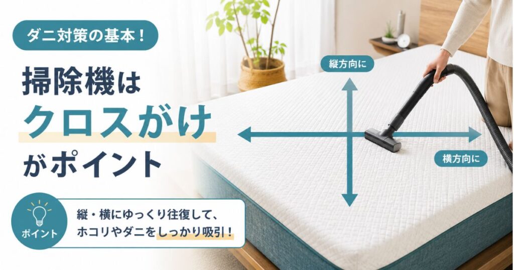 コアラマットレスの表面に掃除機をクロスがけしてダニ対策する様子