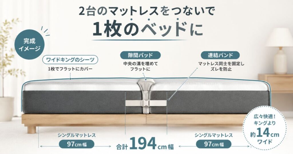 コアラマットレスを隙間パッドと連結バンドで連結した断面イメージ