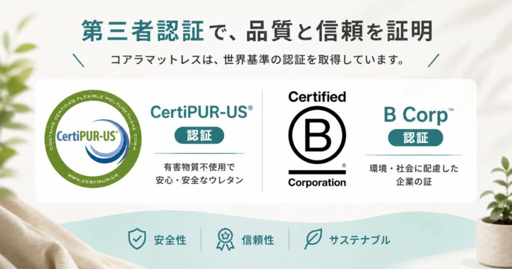コアラマットレスが取得したCertiPUR-US認証とB Corp認証のマーク