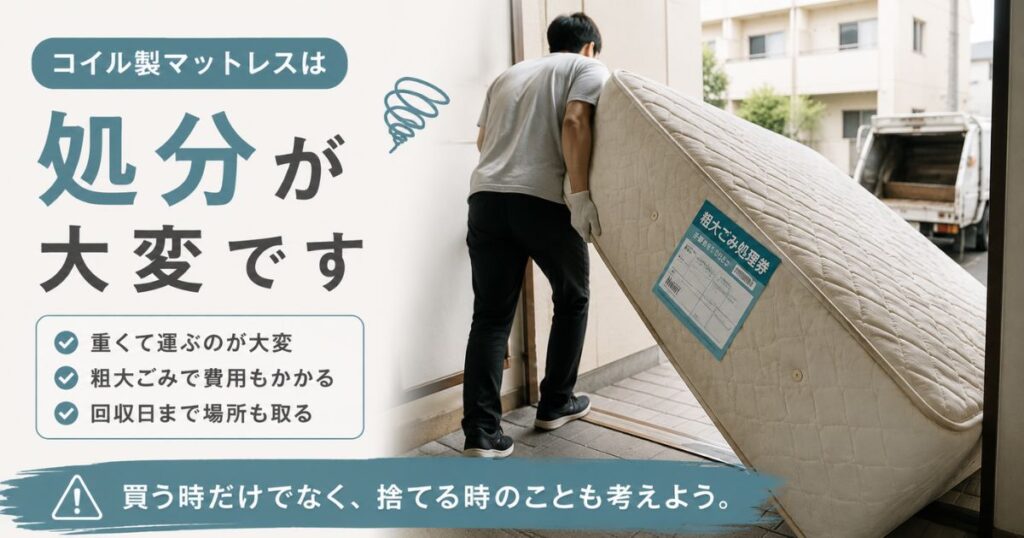 コイル製マットレスに粗大ごみ処理券を貼って処分する様子