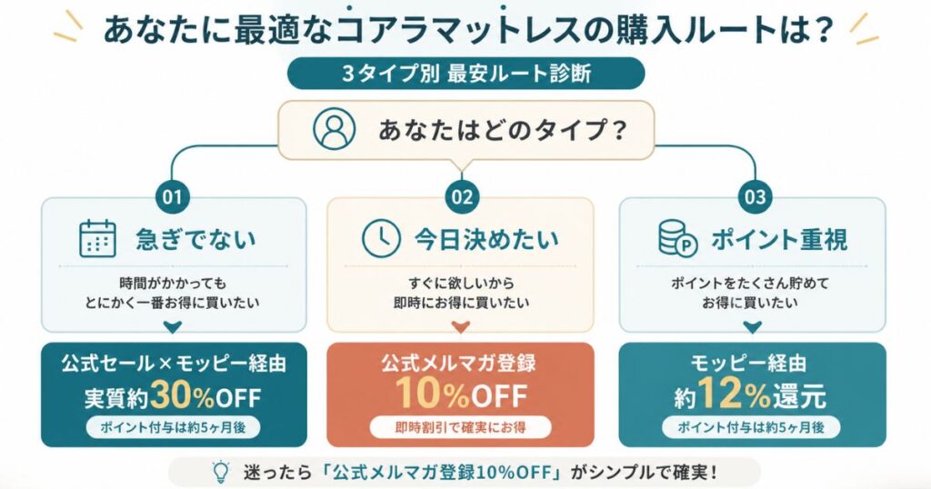 コアラマットレス 購入ルート タイプ別 フロー図 最安