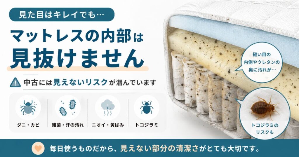 中古マットレスの内部に潜む衛生リスクを示すイメージ
