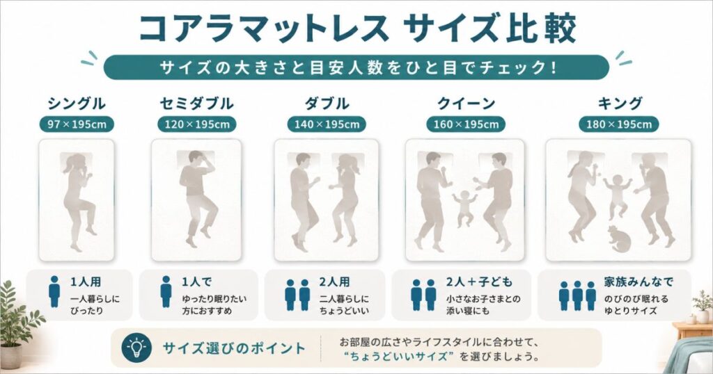 コアラマットレスのサイズ比較(シングル・セミダブル・ダブル・クイーン・キング)と世帯別の目安