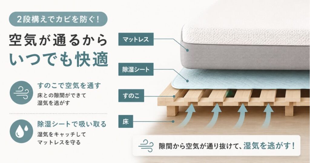 床の上にすのこ・除湿シート・マットレスを重ねて空気が通る2段構えの断面図