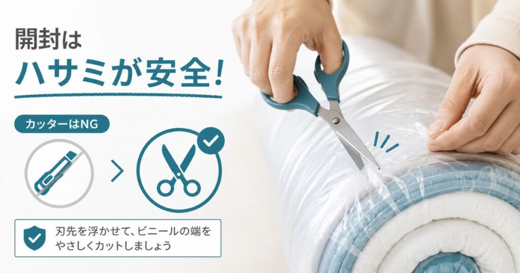 ハサミでコアラマットレスの梱包ビニールを開封している手元