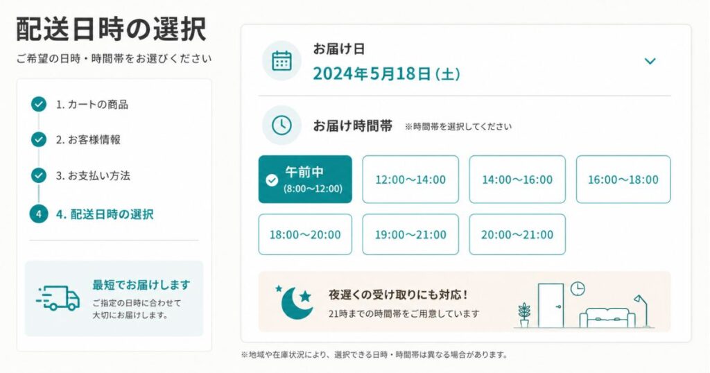 コアラマットレスの配送日時と時間帯を選ぶ画面