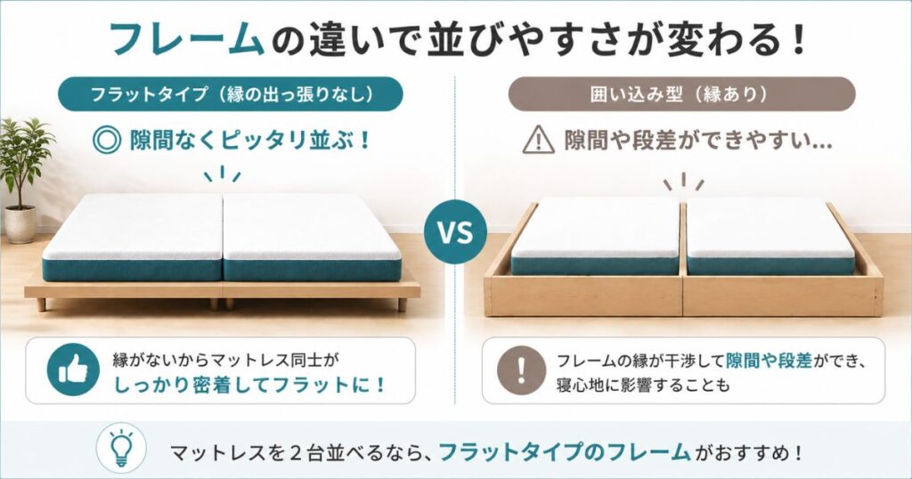 フラットタイプと囲い込み型フレームでのマットレス連結の比較イメージ