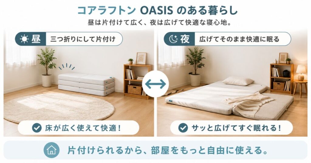 コアラフトンOASISを昼は畳んで片付け夜は広げて使う一日の使い分けを示したビフォーアフター図