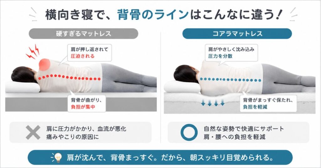 横向き寝で背骨がまっすぐ保たれるコアラマットレスと硬いマットレスの比較図
