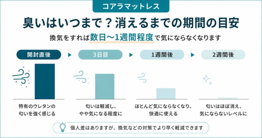 コアラマットレスの臭いが消えるまでの期間の目安を示した図解
