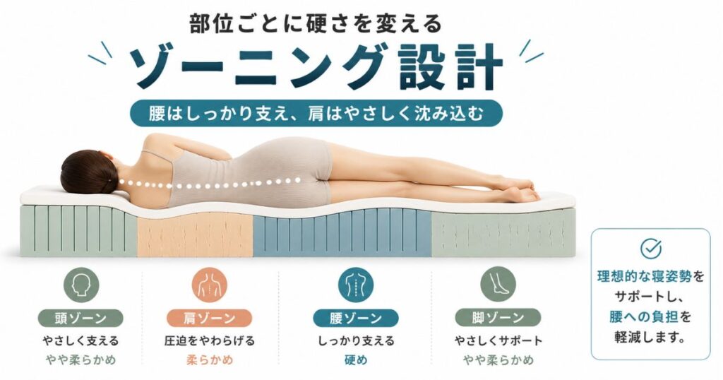 腰は硬め肩は柔らかめに設計されたコアラマットレスのゾーニング断面図