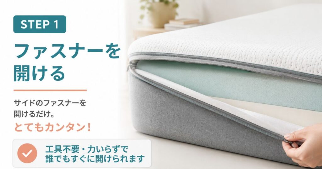 コアラマットレスのサイドファスナーを開けてコンフォートレイヤーを取り出す様子