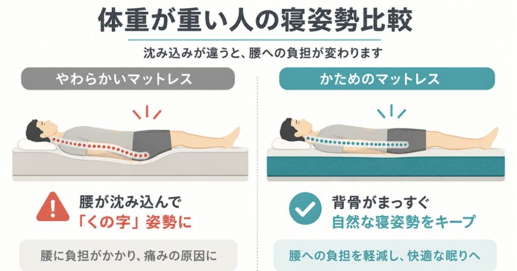 体重が重い人の沈み込み比較 くの字姿勢と背骨まっすぐ 体圧分散