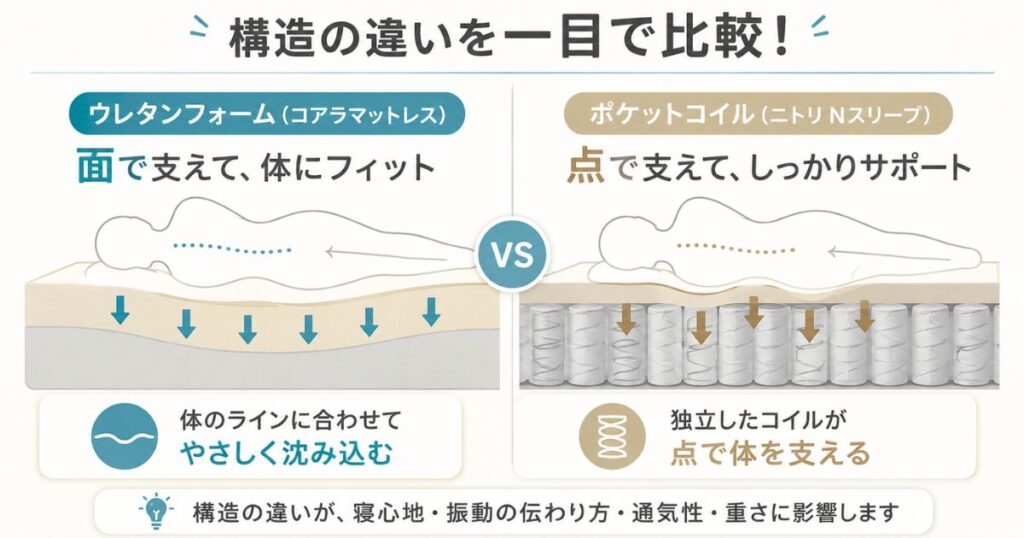 コアラマットレスのウレタンフォームとニトリNスリープのポケットコイルの構造断面比較