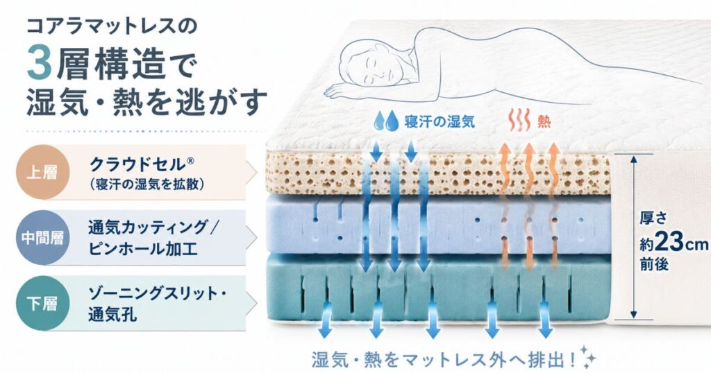 コアラマットレス3層構造の断面図と湿気や熱が通気孔から外へ抜ける空気の流れ