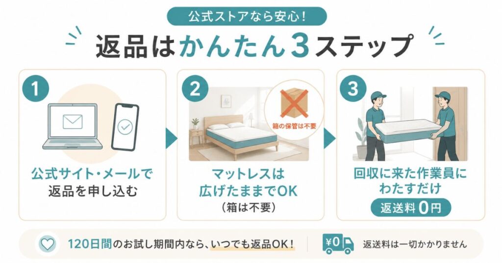 コアラマットレス公式ストアの返品手順3ステップの図解