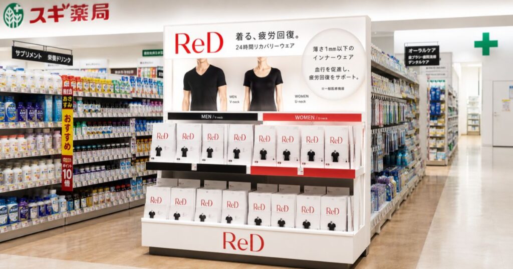 スギ薬局の店内に設置されたリカバリーウェアReDの専用ディスプレイ