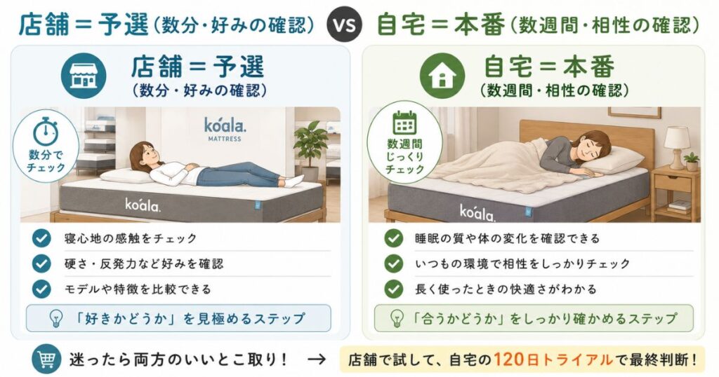コアラマットレス 店舗 自宅 お試し 予選 本番 比較