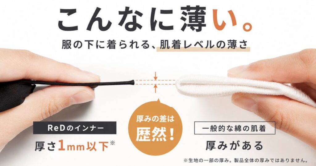 ReDのリカバリーウェアのインナーを指でつまみ、一般的な肌着と厚みを比べたところ